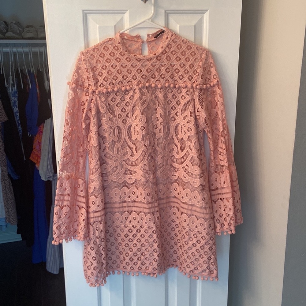 SHEIN long sleeve pink eyelet dress with pompon detail
